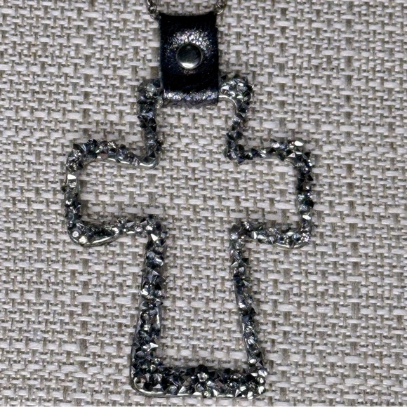 Cross Open-cut Gunmetal Pendant accented with Rhinestone Necklace. Boho Casual - Picture 3 of 6